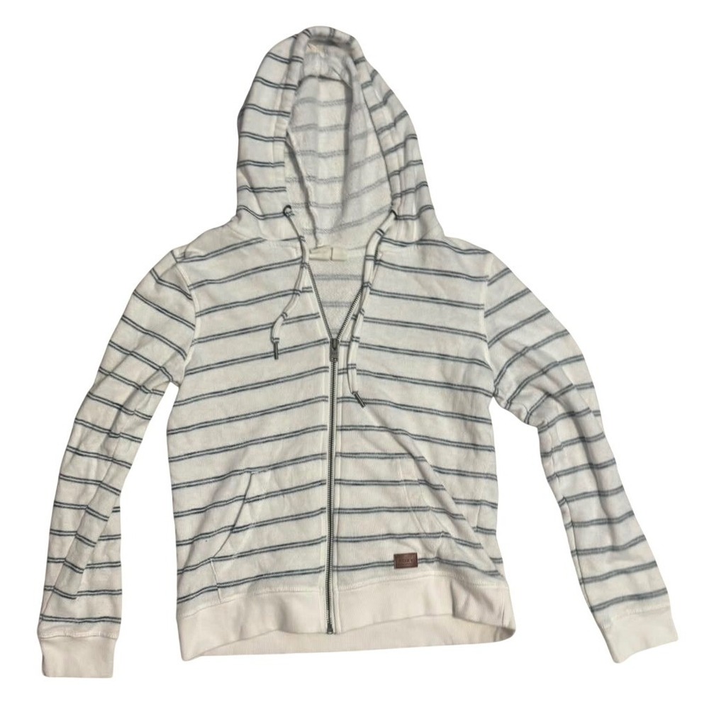 Roxy Womens Striped Full Zip Hoodie White Blue French Terry XS Sweatshirt